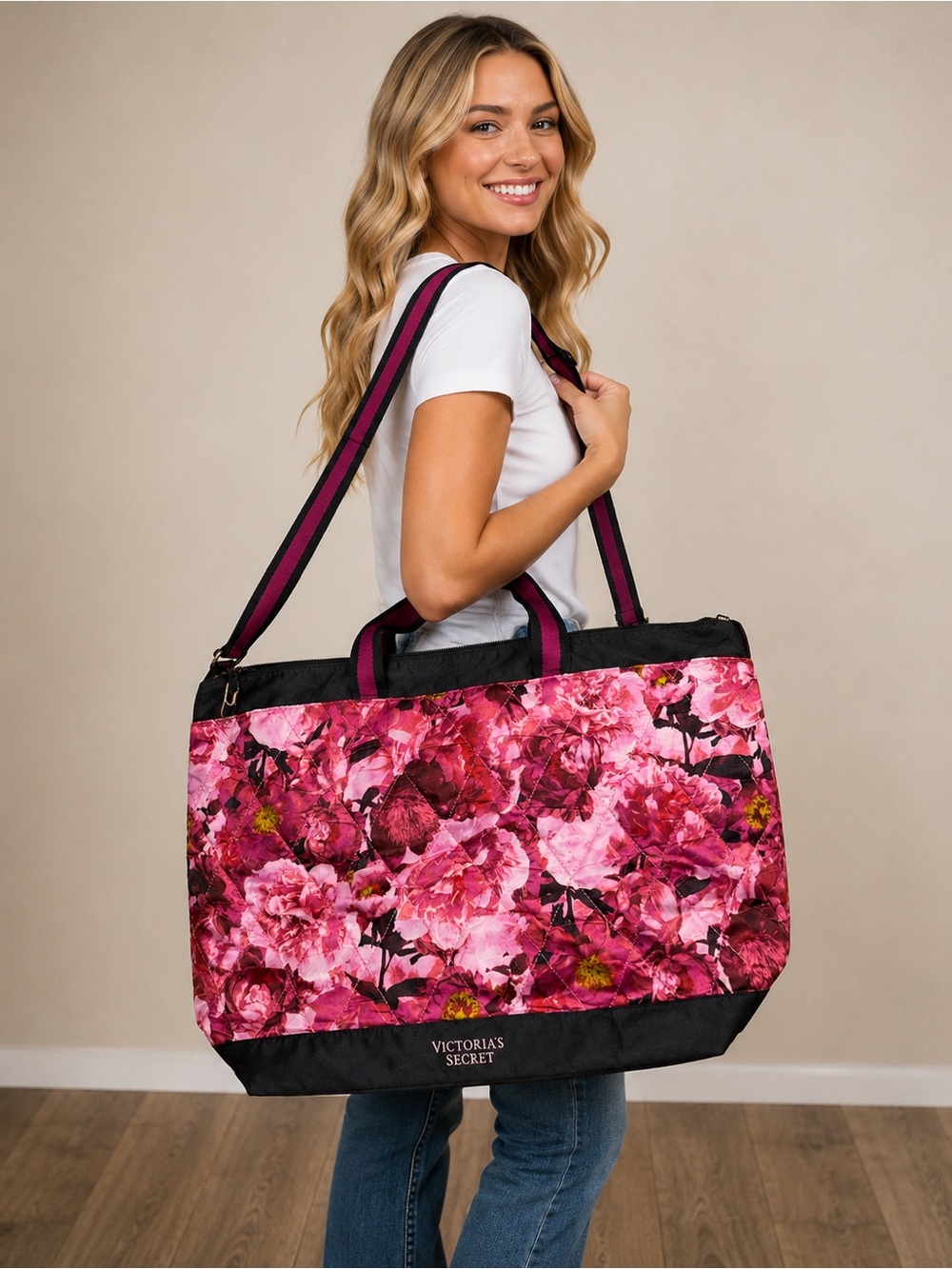 Victoria's Secret Pink Floral Quilted Tote with Striped Strap-NWT